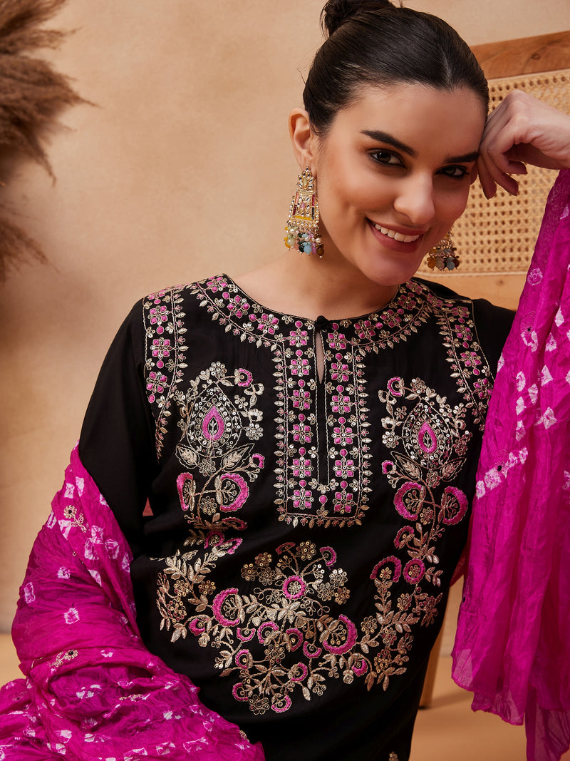Embroidered Regular Thread Work Kurta with Palazzos & Dupatta