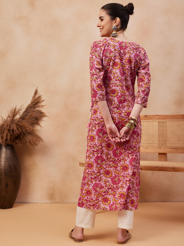 Floral Printed Round Neck Pure Cotton Straight Kurta