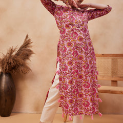 Floral Printed Round Neck Pure Cotton Straight Kurta