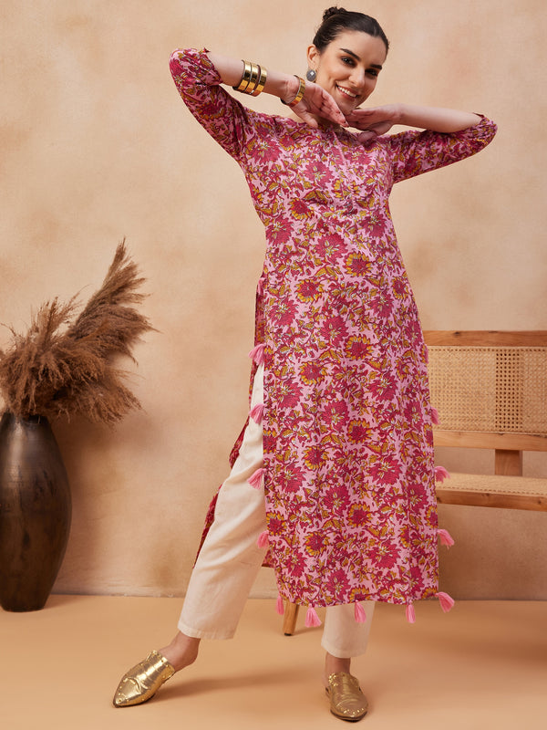 Floral Printed Round Neck Pure Cotton Straight Kurta