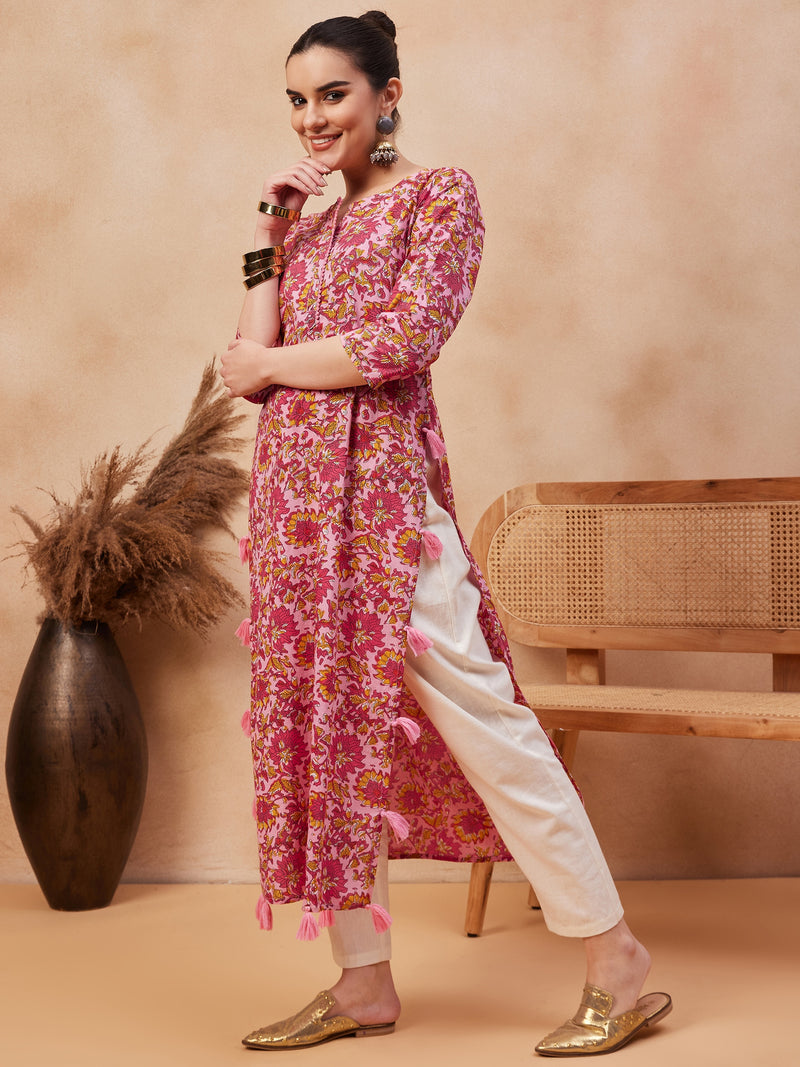 Floral Printed Round Neck Pure Cotton Straight Kurta