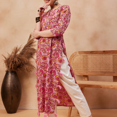 Floral Printed Round Neck Pure Cotton Straight Kurta