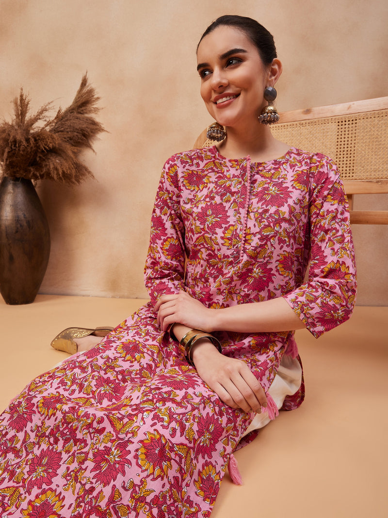Floral Printed Round Neck Pure Cotton Straight Kurta