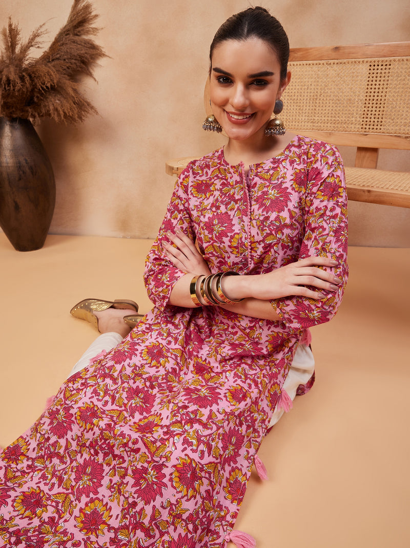 Floral Printed Round Neck Pure Cotton Straight Kurta