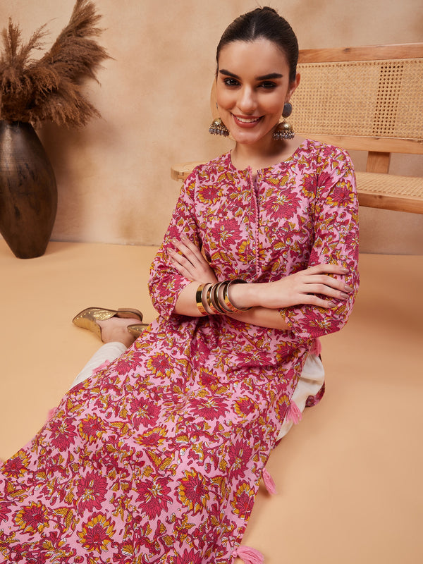 Floral Printed Round Neck Pure Cotton Straight Kurta