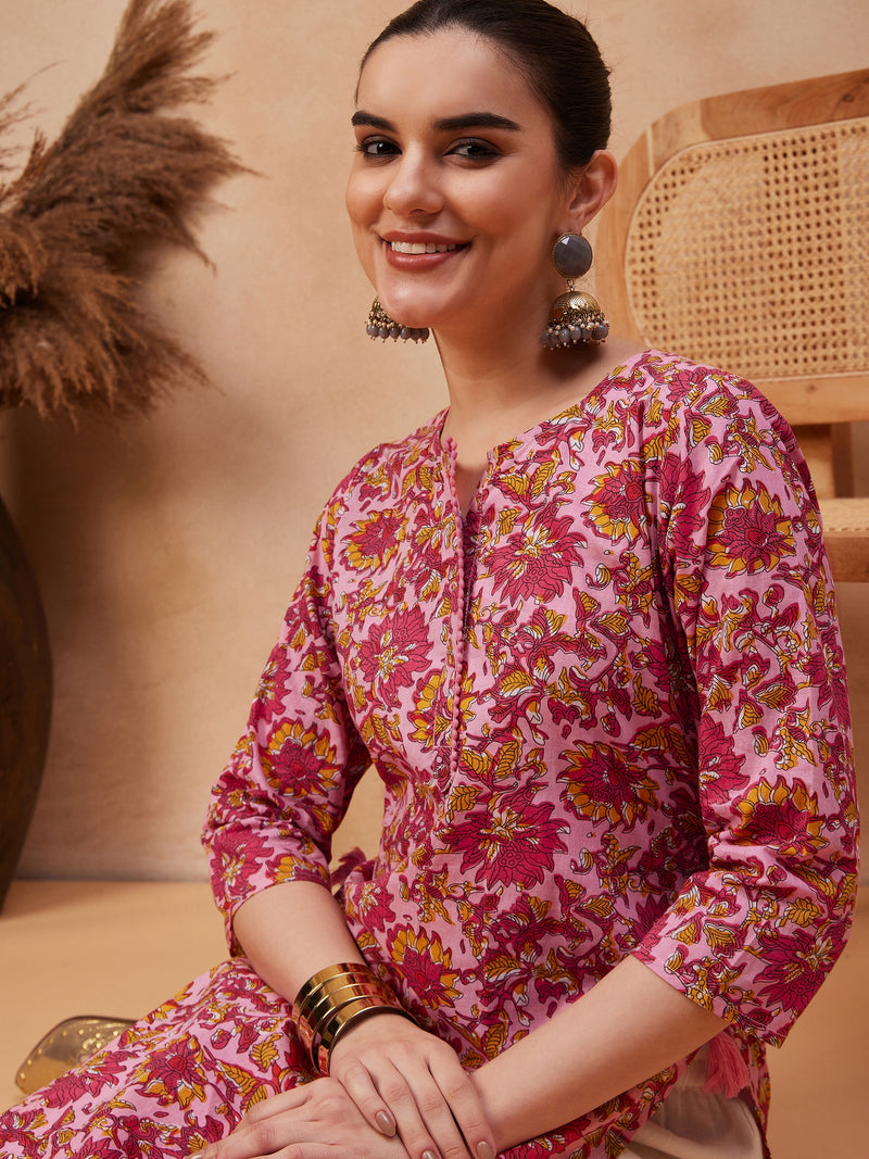 Floral Printed Round Neck Pure Cotton Straight Kurta