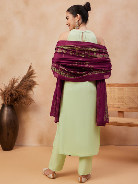 Paisley Embroidered Halter Neck Pure Cotton Kurta With Trouser & Dupatta