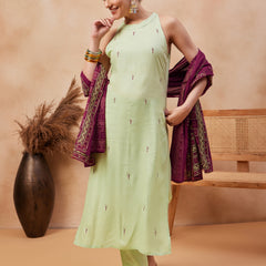 Paisley Embroidered Halter Neck Pure Cotton Kurta With Trouser & Dupatta