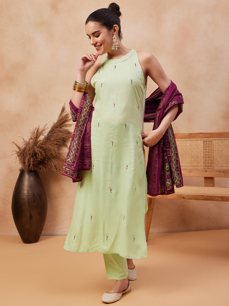 Paisley Embroidered Halter Neck Pure Cotton Kurta With Trouser & Dupatta