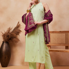 Paisley Embroidered Halter Neck Pure Cotton Kurta With Trouser & Dupatta