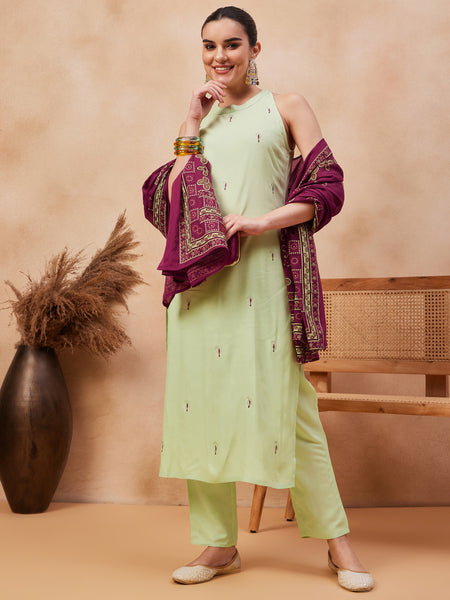 Paisley Embroidered Halter Neck Pure Cotton Kurta With Trouser & Dupatta