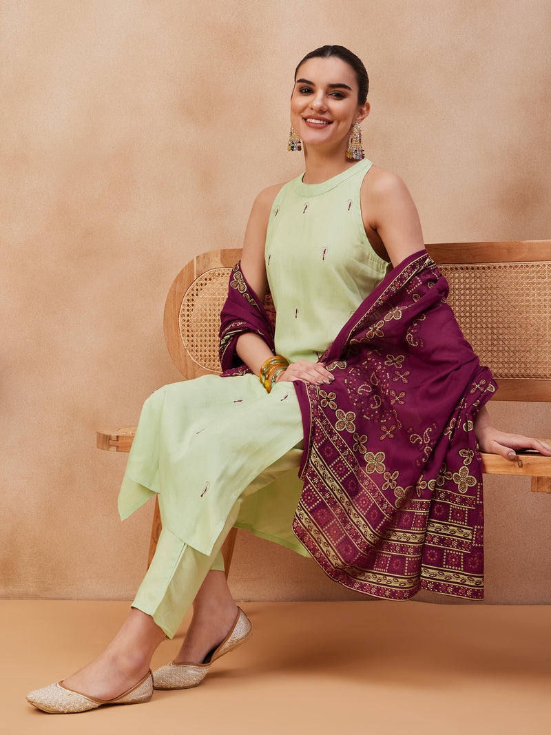 Paisley Embroidered Halter Neck Pure Cotton Kurta With Trouser & Dupatta