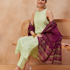 Paisley Embroidered Halter Neck Pure Cotton Kurta With Trouser & Dupatta