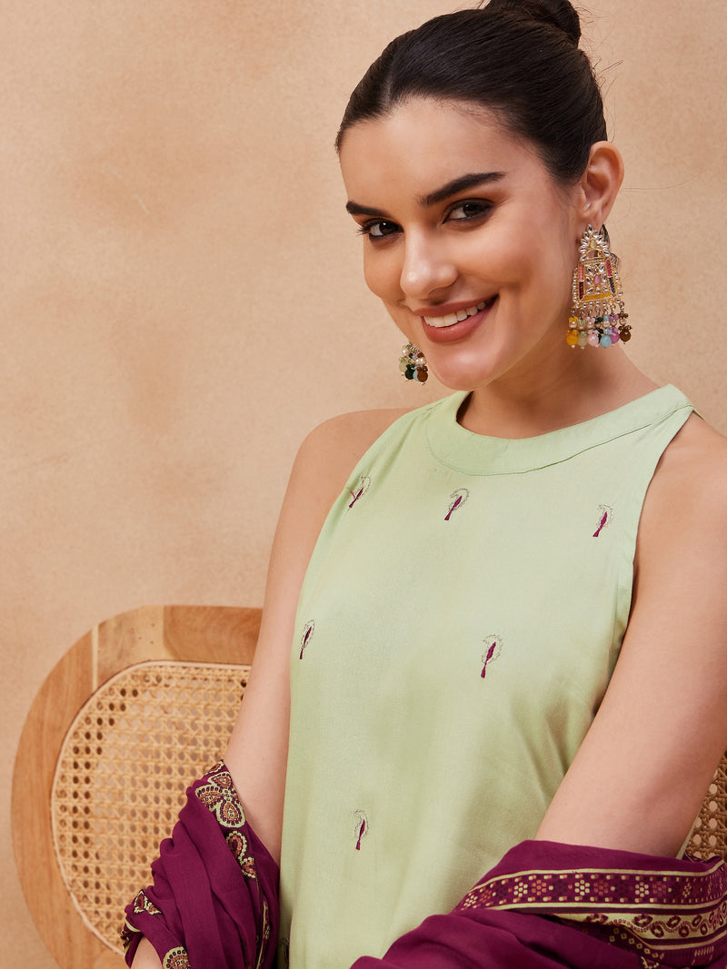 Paisley Embroidered Halter Neck Pure Cotton Kurta With Trouser & Dupatta