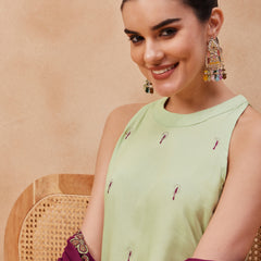 Paisley Embroidered Halter Neck Pure Cotton Kurta With Trouser & Dupatta