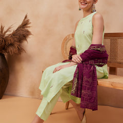 Paisley Embroidered Halter Neck Pure Cotton Kurta With Trouser & Dupatta