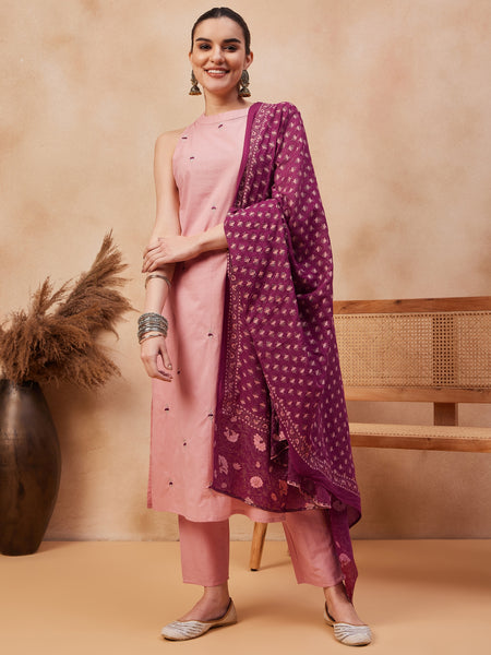 Paisley Embroidered Halter Neck  Pure Cotton Kurta With Trouser & Dupatta