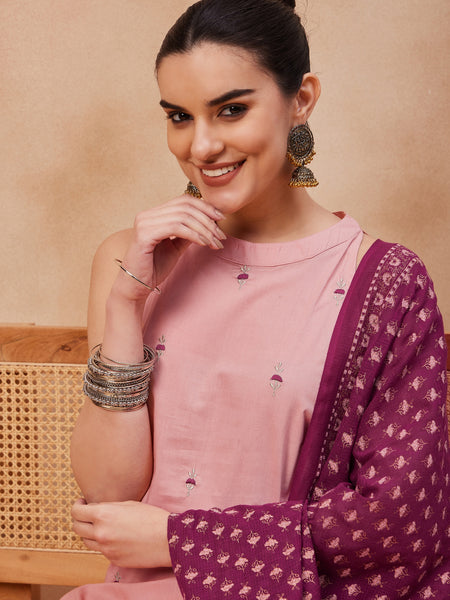Paisley Embroidered Halter Neck  Pure Cotton Kurta With Trouser & Dupatta
