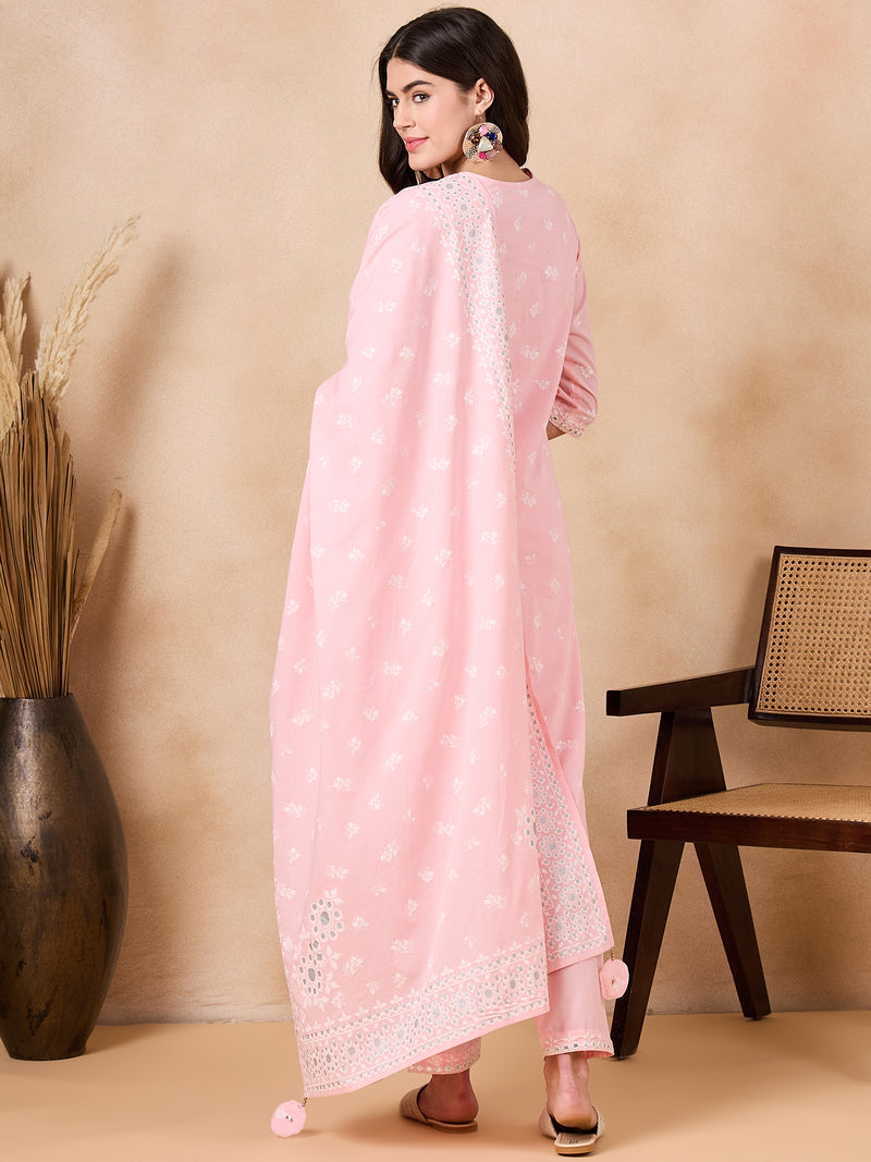 Women Floral Printed Regular Mirror Work Pure Cotton Kurta with Trousers & With Dupatta