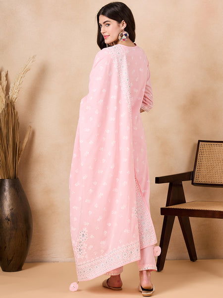 Women Floral Printed Regular Mirror Work Pure Cotton Kurta with Trousers & With Dupatta