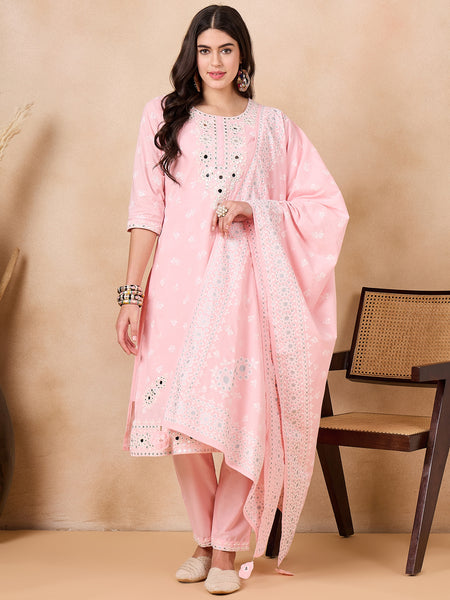 Women Floral Printed Regular Mirror Work Pure Cotton Kurta with Trousers & With Dupatta
