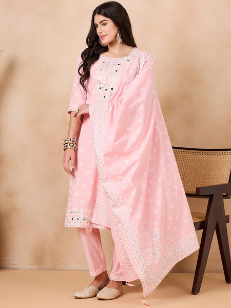 Women Floral Printed Regular Mirror Work Pure Cotton Kurta with Trousers & With Dupatta
