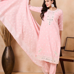 Women Floral Printed Regular Mirror Work Pure Cotton Kurta with Trousers & With Dupatta