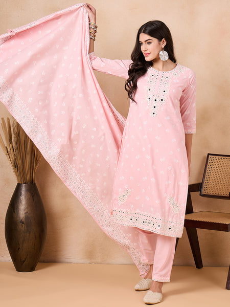 Women Floral Printed Regular Mirror Work Pure Cotton Kurta with Trousers & With Dupatta