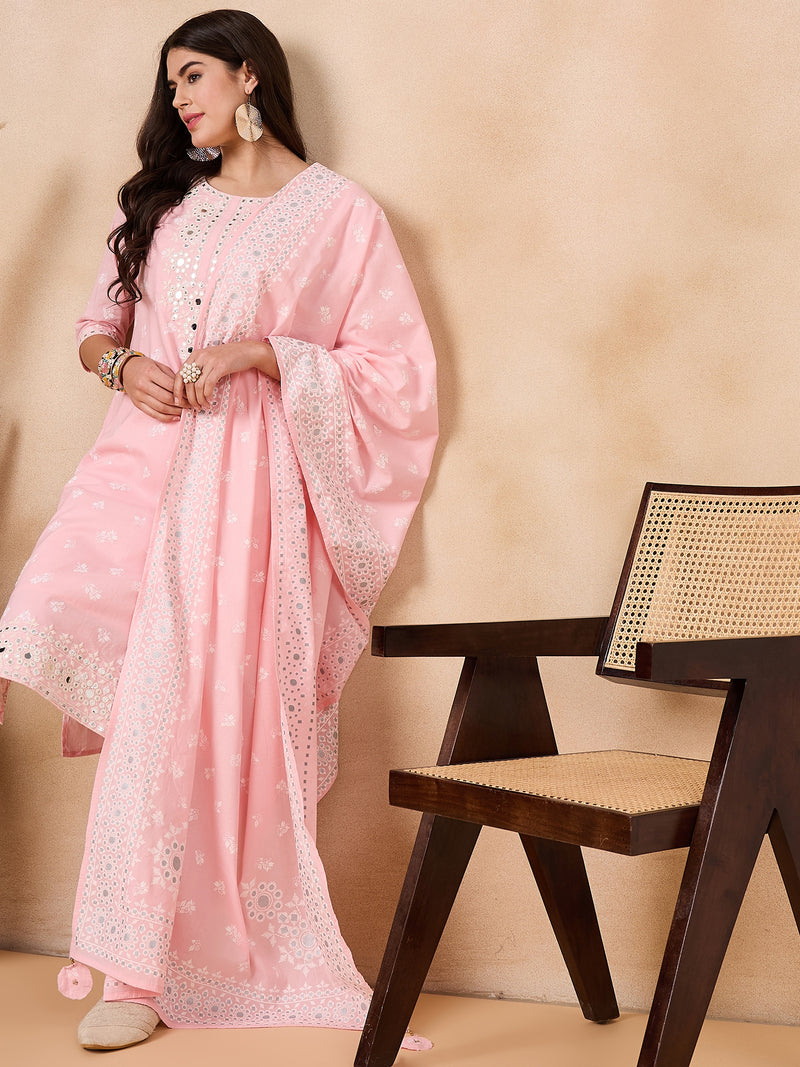 Women Floral Printed Regular Mirror Work Pure Cotton Kurta with Trousers & With Dupatta