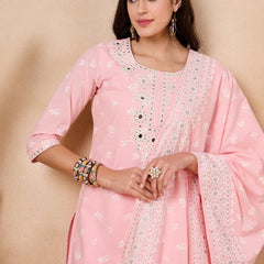 Women Floral Printed Regular Mirror Work Pure Cotton Kurta with Trousers & With Dupatta