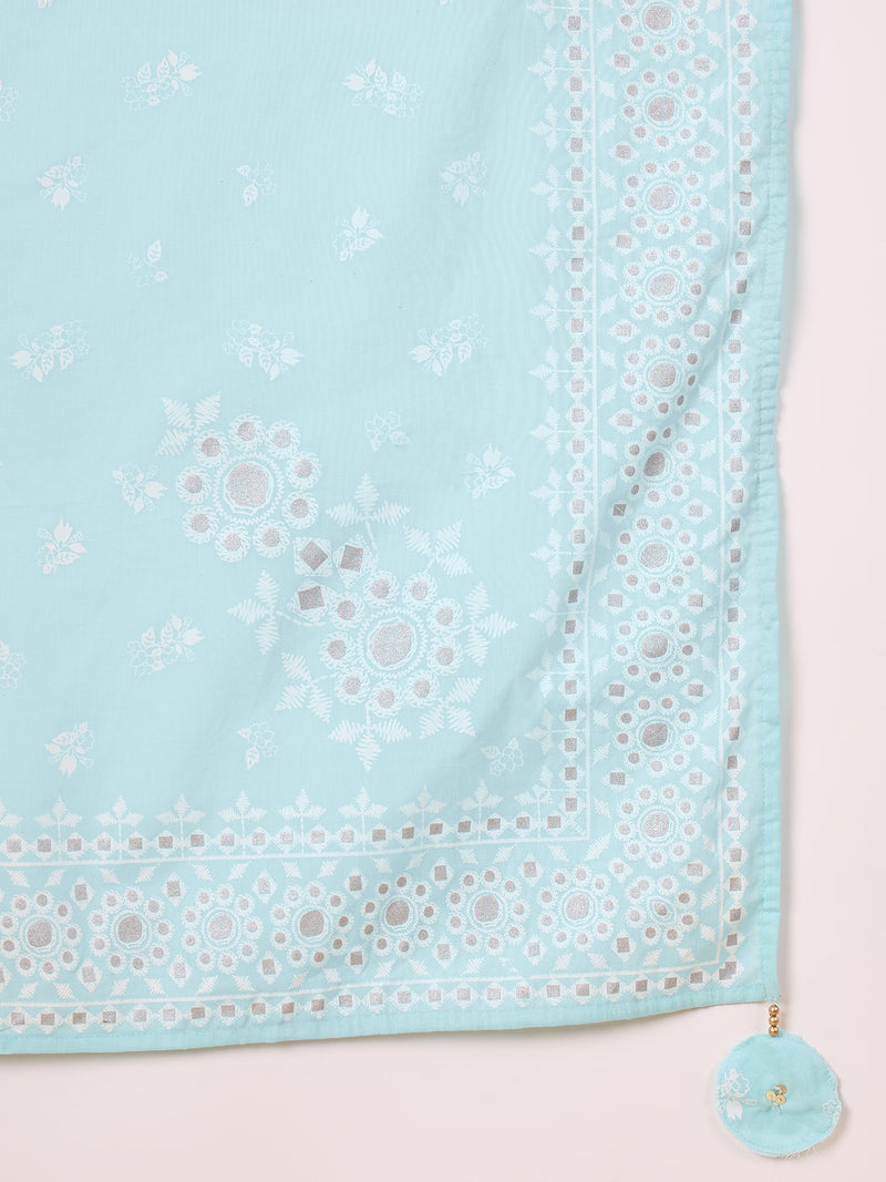 Women Floral Printed Regular Mirror Work Pure Cotton Kurta with Trousers & With Dupatta