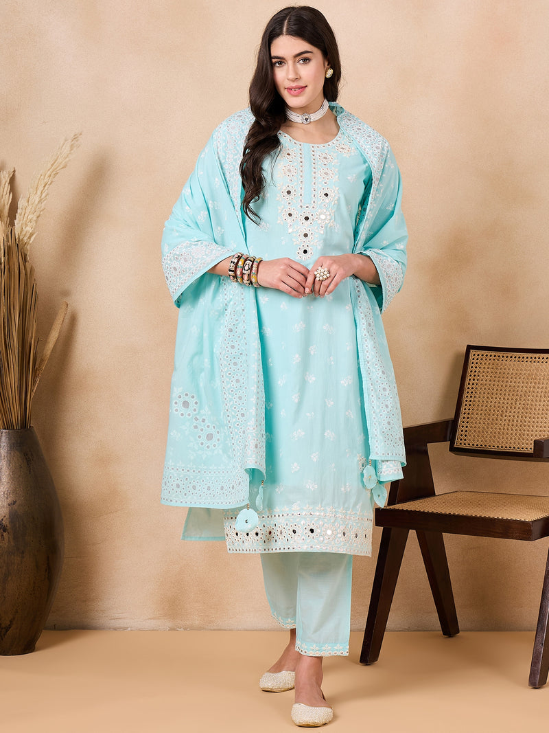 Women Floral Printed Regular Mirror Work Pure Cotton Kurta with Trousers & With Dupatta
