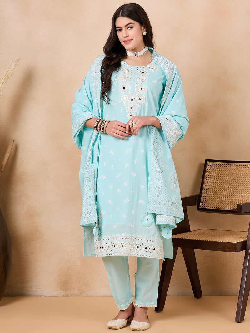 Women Floral Printed Regular Mirror Work Pure Cotton Kurta with Trousers & With Dupatta
