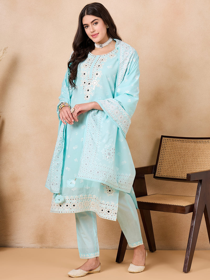 Women Floral Printed Regular Mirror Work Pure Cotton Kurta with Trousers & With Dupatta