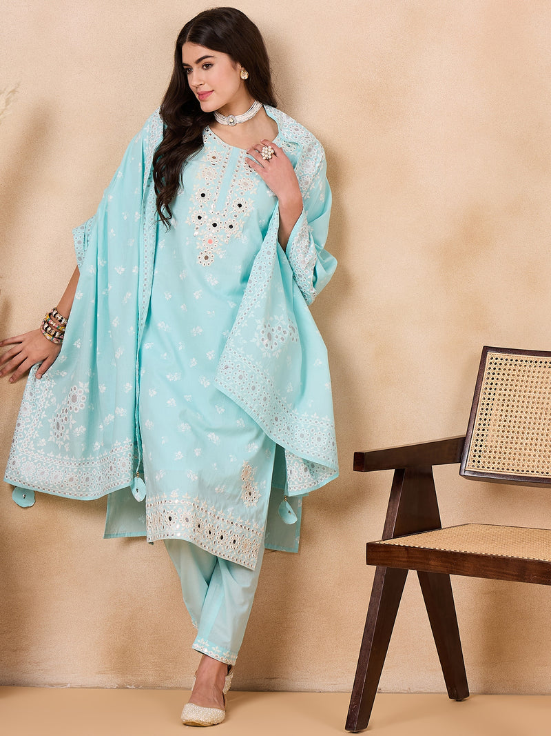 Women Floral Printed Regular Mirror Work Pure Cotton Kurta with Trousers & With Dupatta