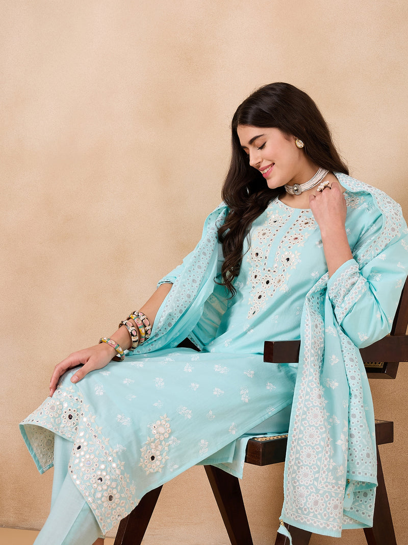 Women Floral Printed Regular Mirror Work Pure Cotton Kurta with Trousers & With Dupatta
