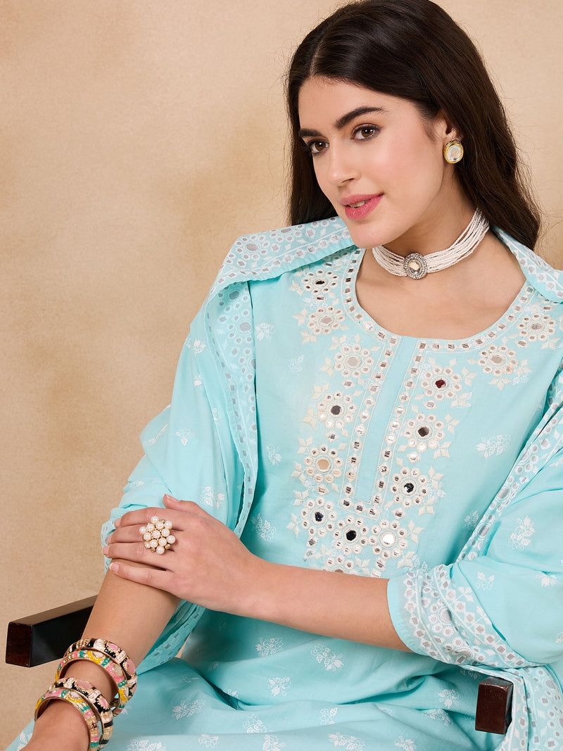 Women Floral Printed Regular Mirror Work Pure Cotton Kurta with Trousers & With Dupatta