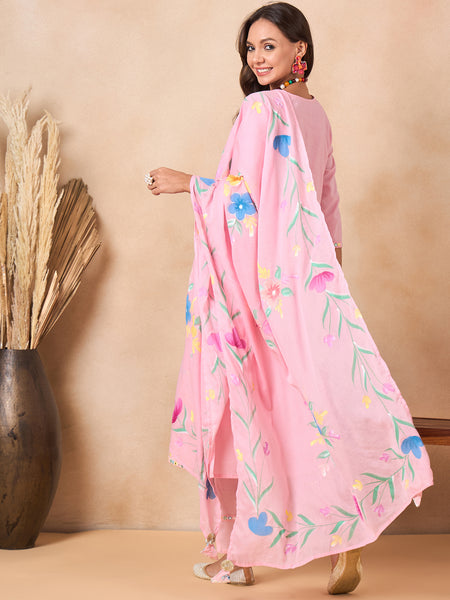 Women Floral Embroidered Regular Thread Work Pure Cotton Kurta with Trousers & With Dupatta