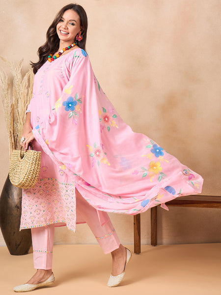 Women Floral Embroidered Regular Thread Work Pure Cotton Kurta with Trousers & With Dupatta