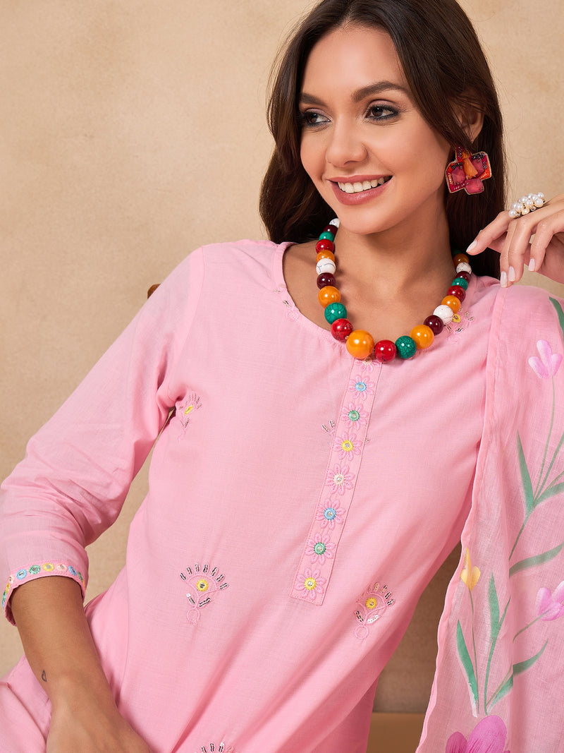 Women Floral Embroidered Regular Thread Work Pure Cotton Kurta with Trousers & With Dupatta