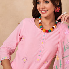 Women Floral Embroidered Regular Thread Work Pure Cotton Kurta with Trousers & With Dupatta