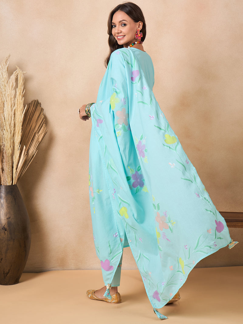 Women Floral Embroidered Regular Thread Work Pure Cotton Kurta with Trousers & With Dupatta