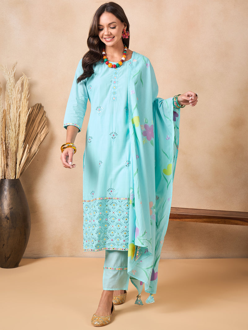 Women Floral Embroidered Regular Thread Work Pure Cotton Kurta with Trousers & With Dupatta