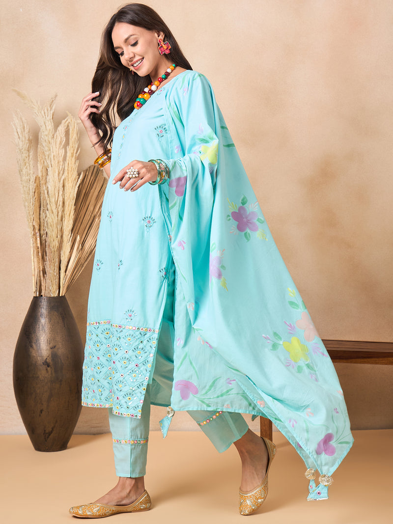 Women Floral Embroidered Regular Thread Work Pure Cotton Kurta with Trousers & With Dupatta