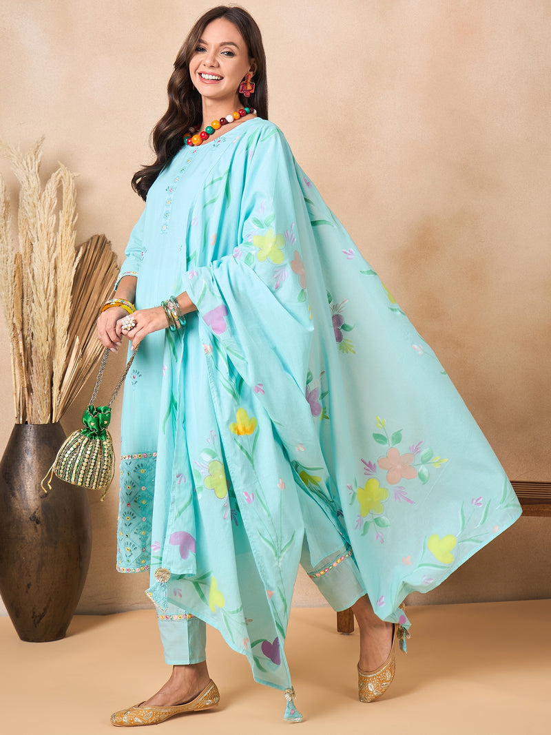 Women Floral Embroidered Regular Thread Work Pure Cotton Kurta with Trousers & With Dupatta