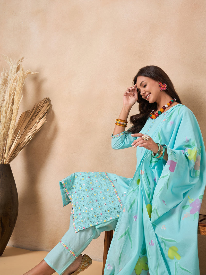 Women Floral Embroidered Regular Thread Work Pure Cotton Kurta with Trousers & With Dupatta