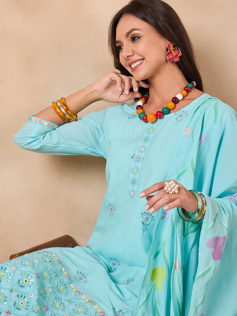 Women Floral Embroidered Regular Thread Work Pure Cotton Kurta with Trousers & With Dupatta