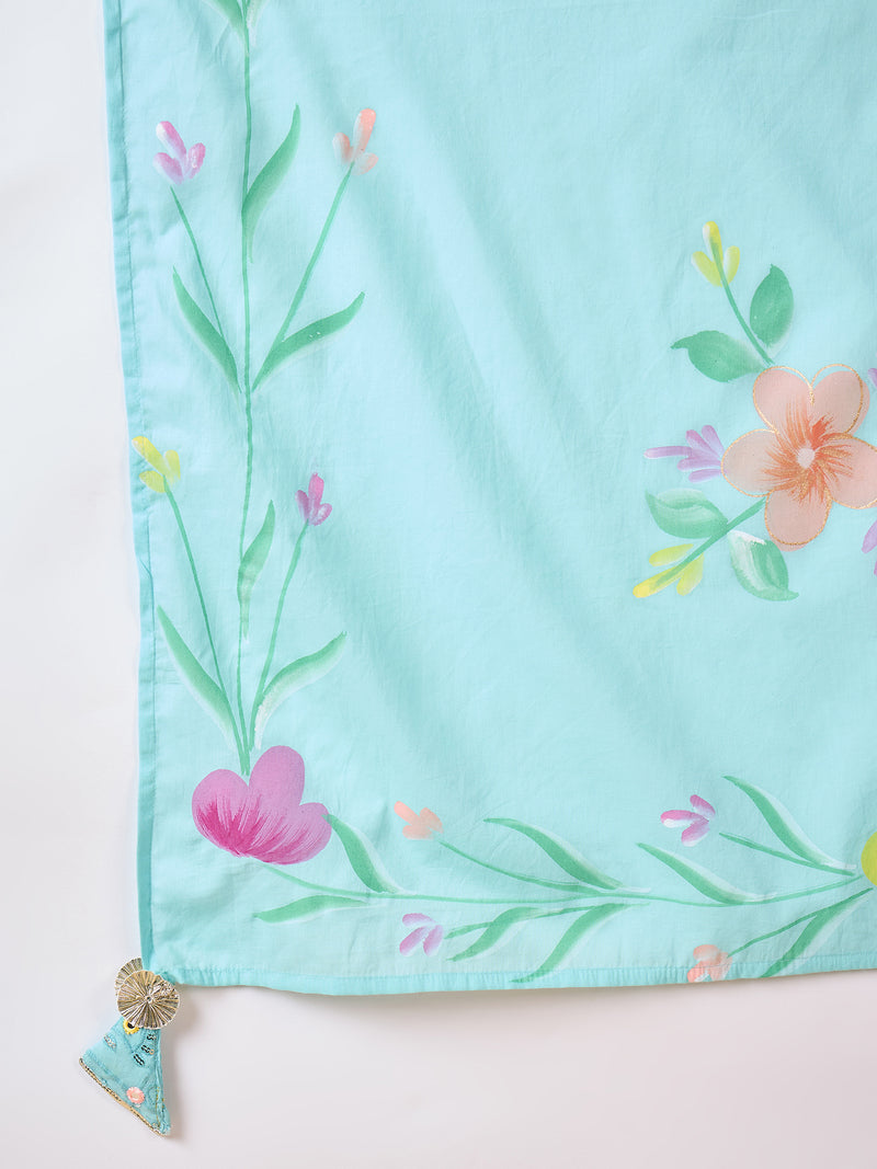 Women Floral Embroidered Regular Thread Work Pure Cotton Kurta with Trousers & With Dupatta