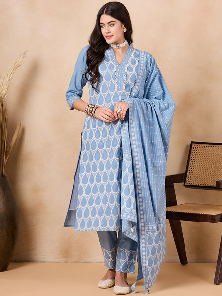 Ethnic Motifs Embroidered Pure Cotton Kurta with Trousers & With Dupatta Kurta Set