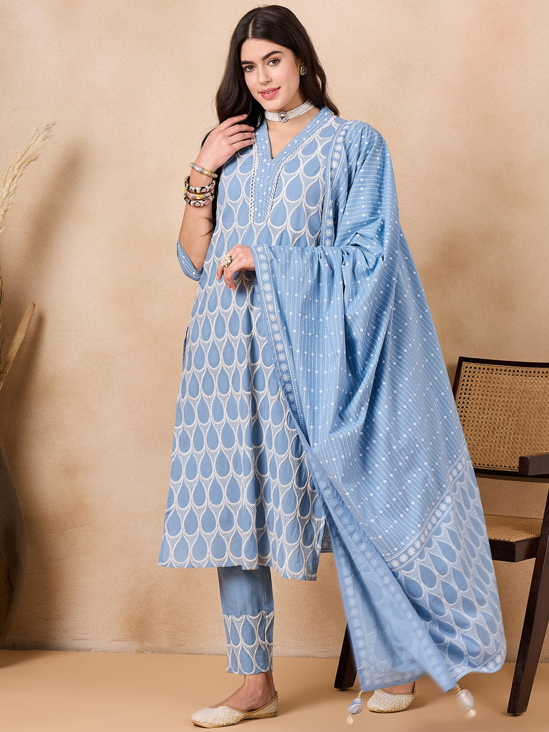 Ethnic Motifs Embroidered Pure Cotton Kurta with Trousers & With Dupatta Kurta Set